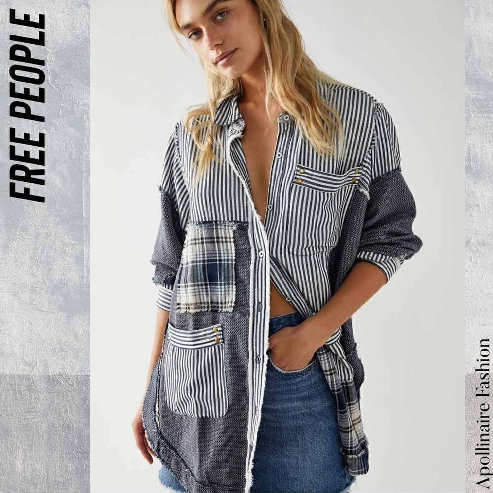 Free People Patchwork Button Down Shirt - Navy An… - image 6